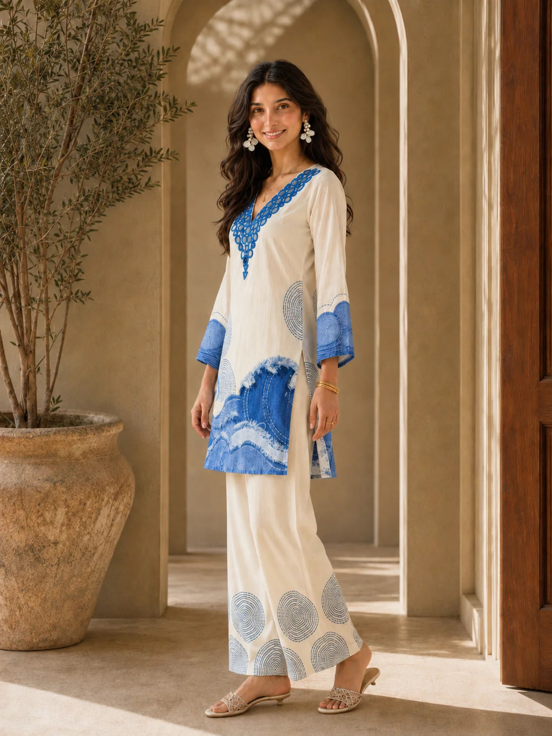 White and Blue Kurta Set with Abstract Denim Print in Muslin Silk