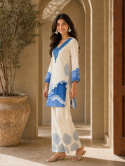 White and Blue Kurta Set with Abstract Denim Print in Muslin Silk