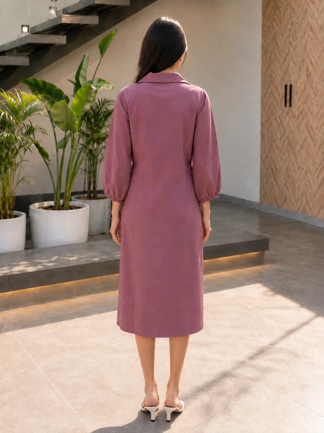 Mauve Dress with Floral Vest Detail & Adjustable Side Tie-Up in Cotton Flex