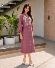 Mauve Dress with Floral Vest Detail & Adjustable Side Tie-Up in Cotton Flex