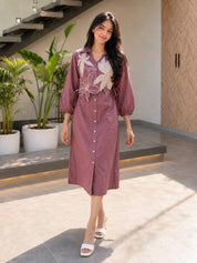 Mauve Dress with Floral Vest Detail & Adjustable Side Tie-Up in Cotton Flex