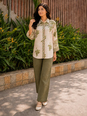 Off White & Sage Shirt with Leaf Motif Print & Cotton Slip in Mul Chanderi