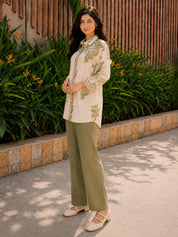 Off White & Sage Shirt with Leaf Motif Print & Cotton Slip in Mul Chanderi