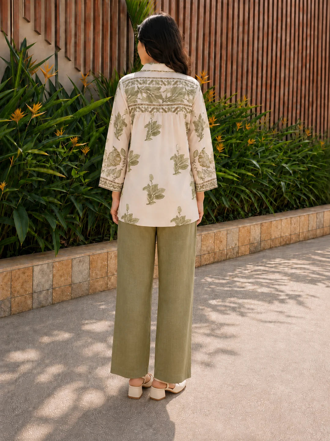 Off White & Sage Shirt with Leaf Motif Print & Cotton Slip in Mul Chanderi