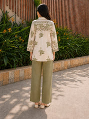 Off White & Sage Shirt with Leaf Motif Print & Cotton Slip in Mul Chanderi