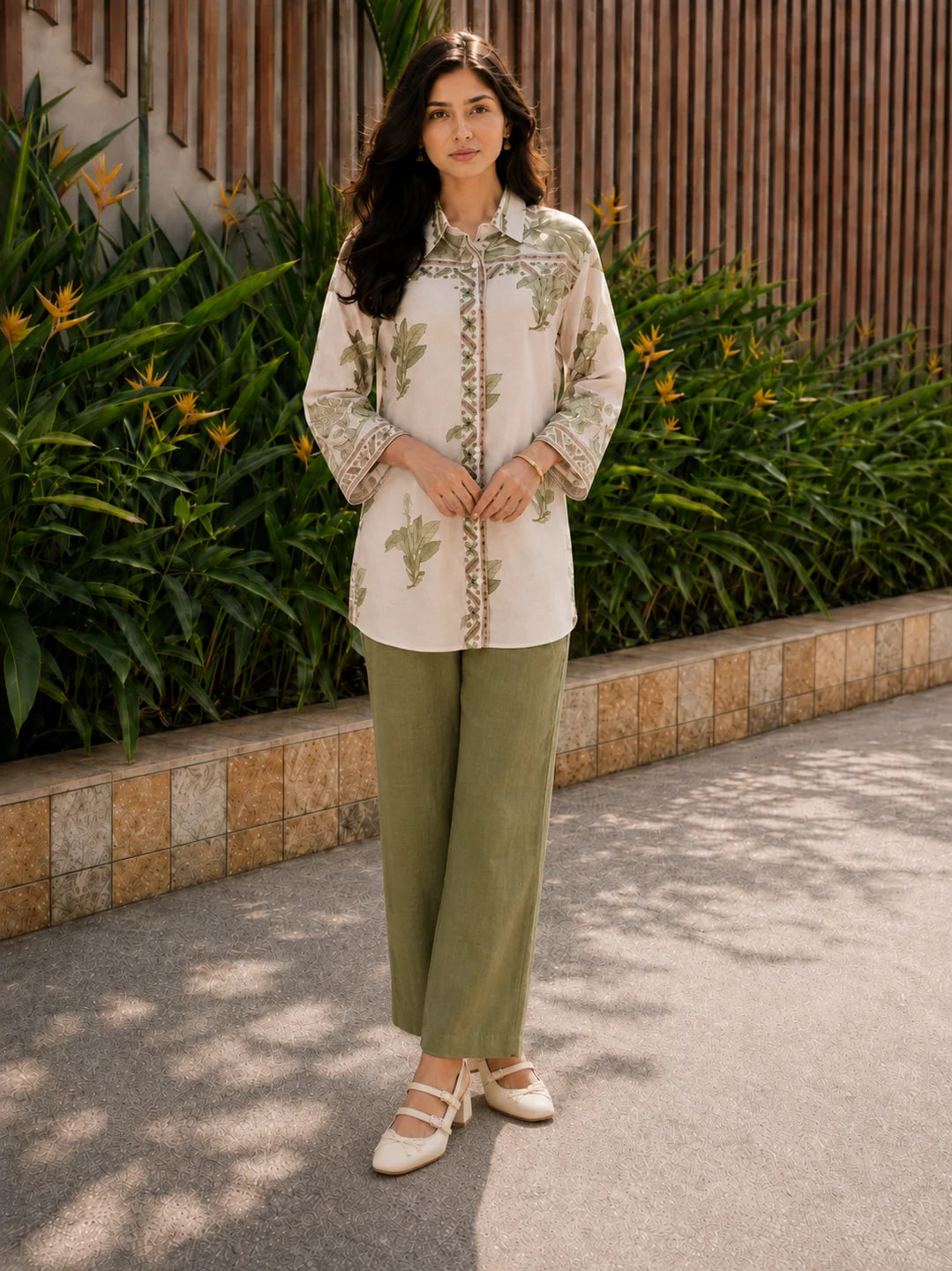 Off White & Sage Shirt with Leaf Motif Print & Cotton Slip in Mul Chanderi