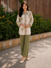 Off White & Sage Shirt with Leaf Motif Print & Cotton Slip in Mul Chanderi