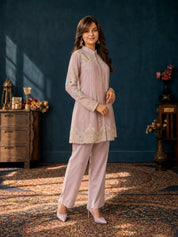 Soft Mauve 2 Piece Co-ord Set with Ivory Floral Embroidery in Chinnon