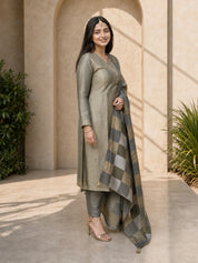 Olive Green Kurta Set with Embroidered Yoke & Metallic Wide Check Dupatta in Kanjivaram