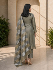 Olive Green Kurta Set with Embroidered Yoke & Metallic Wide Check Dupatta in Kanjivaram