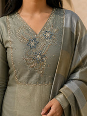Olive Green Kurta Set with Embroidered Yoke & Metallic Wide Check Dupatta in Kanjivaram