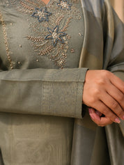 Olive Green Kurta Set with Embroidered Yoke & Metallic Wide Check Dupatta in Kanjivaram