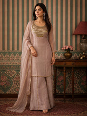 Beige 3 Piece Co-ord Set with Decorative Buttons in Crushed Tissue