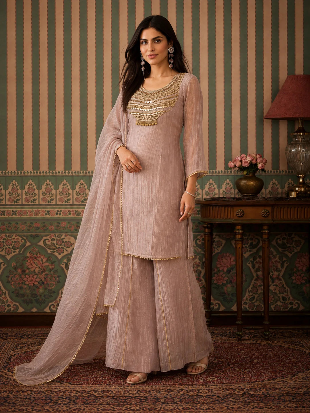 Beige 3 Piece Co-ord Set with Decorative Buttons in Crushed Tissue