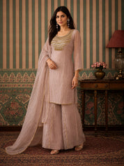 Beige 3 Piece Co-ord Set with Decorative Buttons in Crushed Tissue