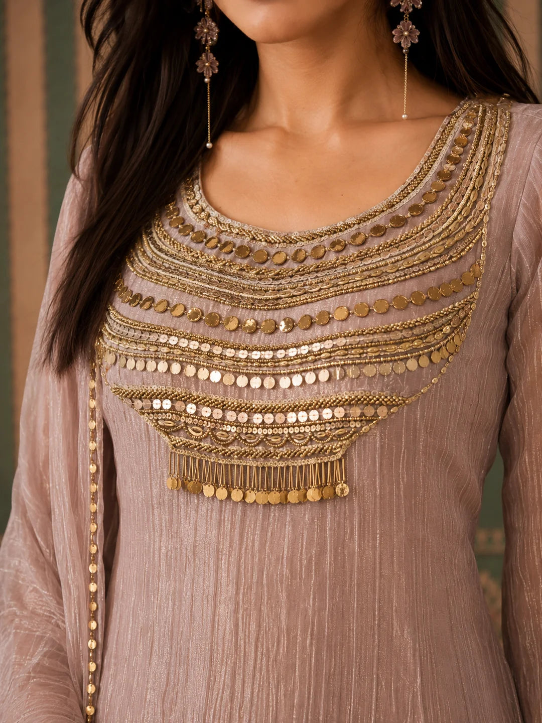 Beige 3 Piece Co-ord Set with Decorative Buttons in Crushed Tissue