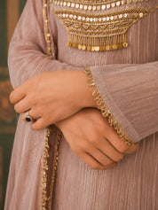 Beige 3 Piece Co-ord Set with Decorative Buttons in Crushed Tissue