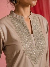 Champagne Coloured Kurta Set Gota Patti Detailing in Crepe