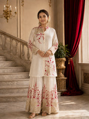 Ivory Kurta Set with Red and Gold Floral Embroidery in Chinnon