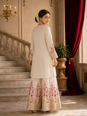 Ivory Kurta Set with Red and Gold Floral Embroidery in Chinnon