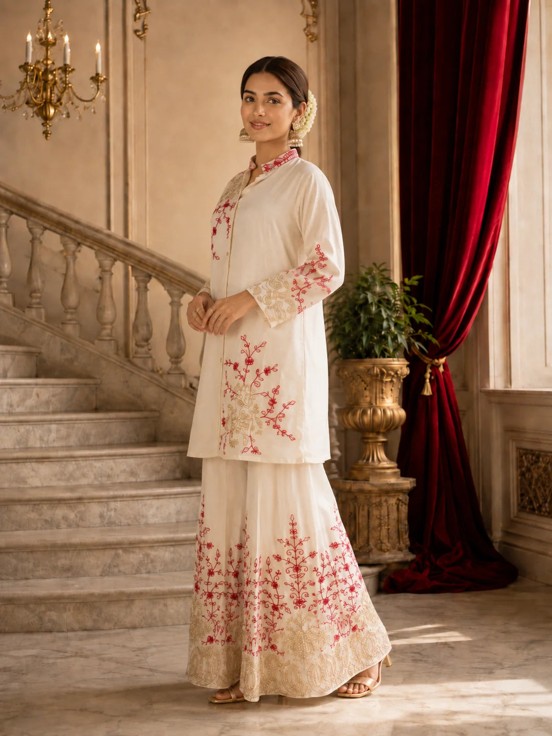 Ivory Kurta Set with Red and Gold Floral Embroidery in Chinnon