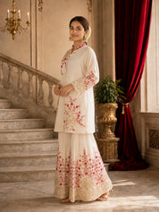 Ivory Kurta Set with Red and Gold Floral Embroidery in Chinnon