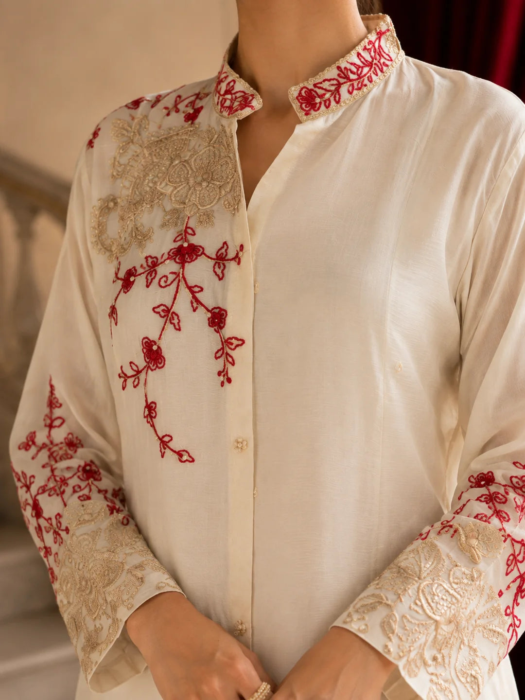 Ivory Kurta Set with Red and Gold Floral Embroidery in Chinnon