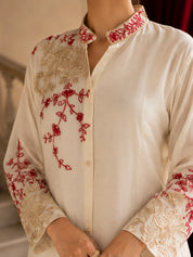 Ivory Kurta Set with Red and Gold Floral Embroidery in Chinnon