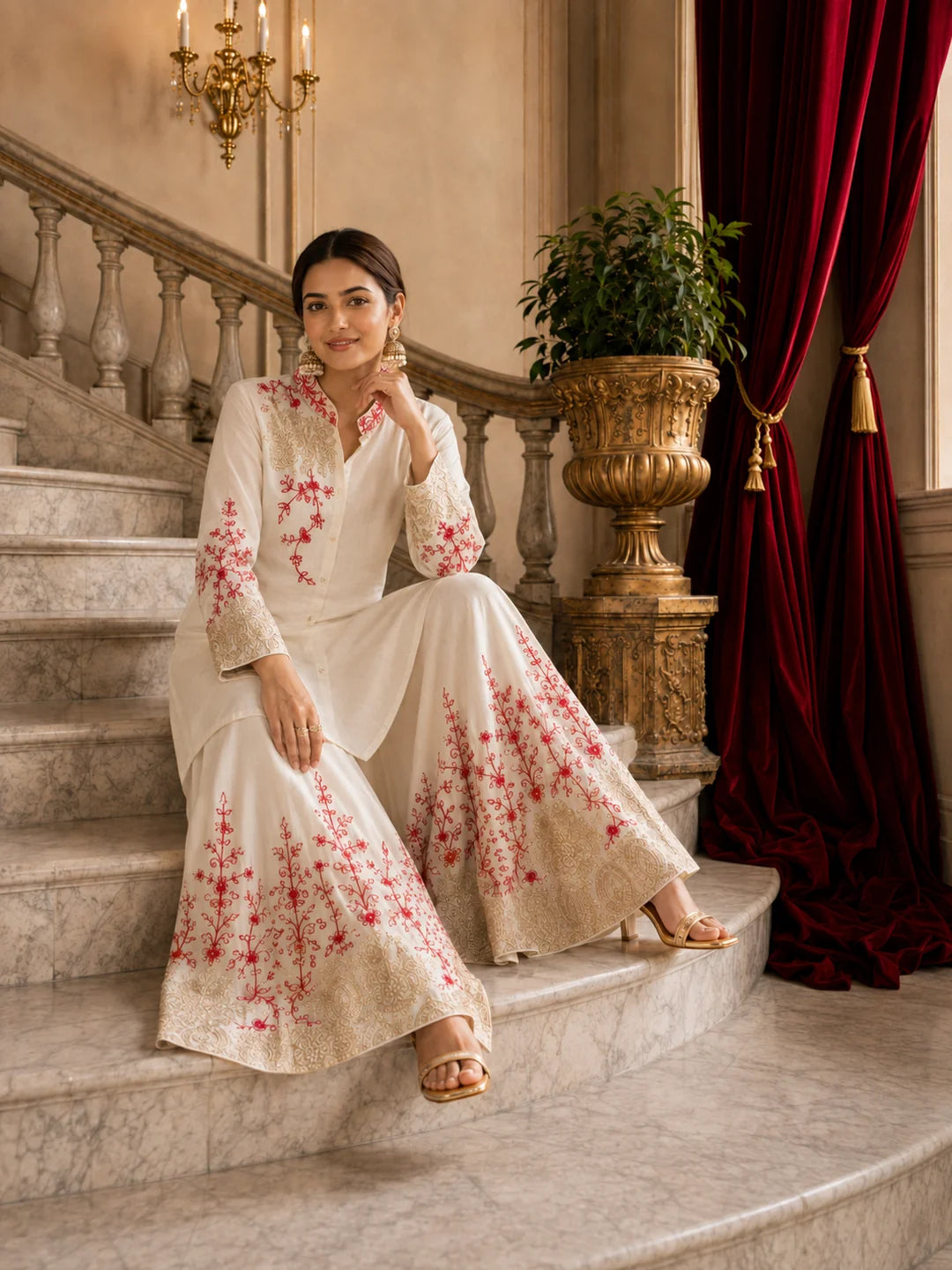Ivory Kurta Set with Red and Gold Floral Embroidery in Chinnon