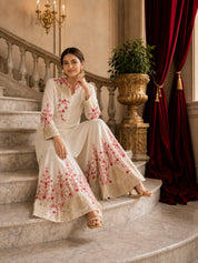 Ivory Kurta Set with Red and Gold Floral Embroidery in Chinnon