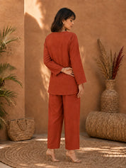 Rust Co-ord Set with Geometric Embroidery in Cotton Flex
