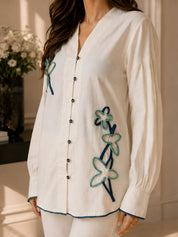 Organic Beige Co-ord Set with Blue Piping Floral Design in Handloom Cotton