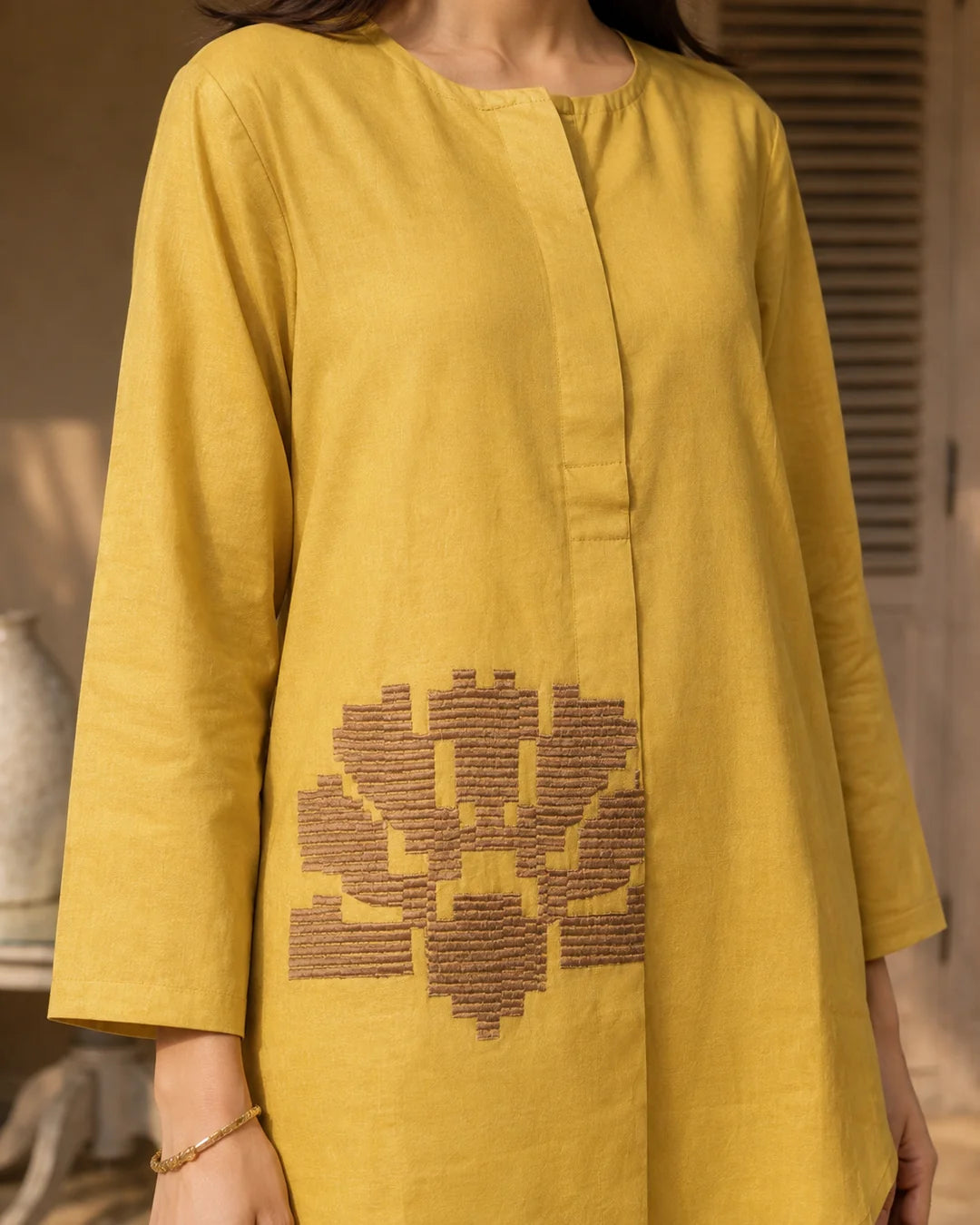 Yellow Co-ord Set with Geometric Embroidery in Cotton Flex