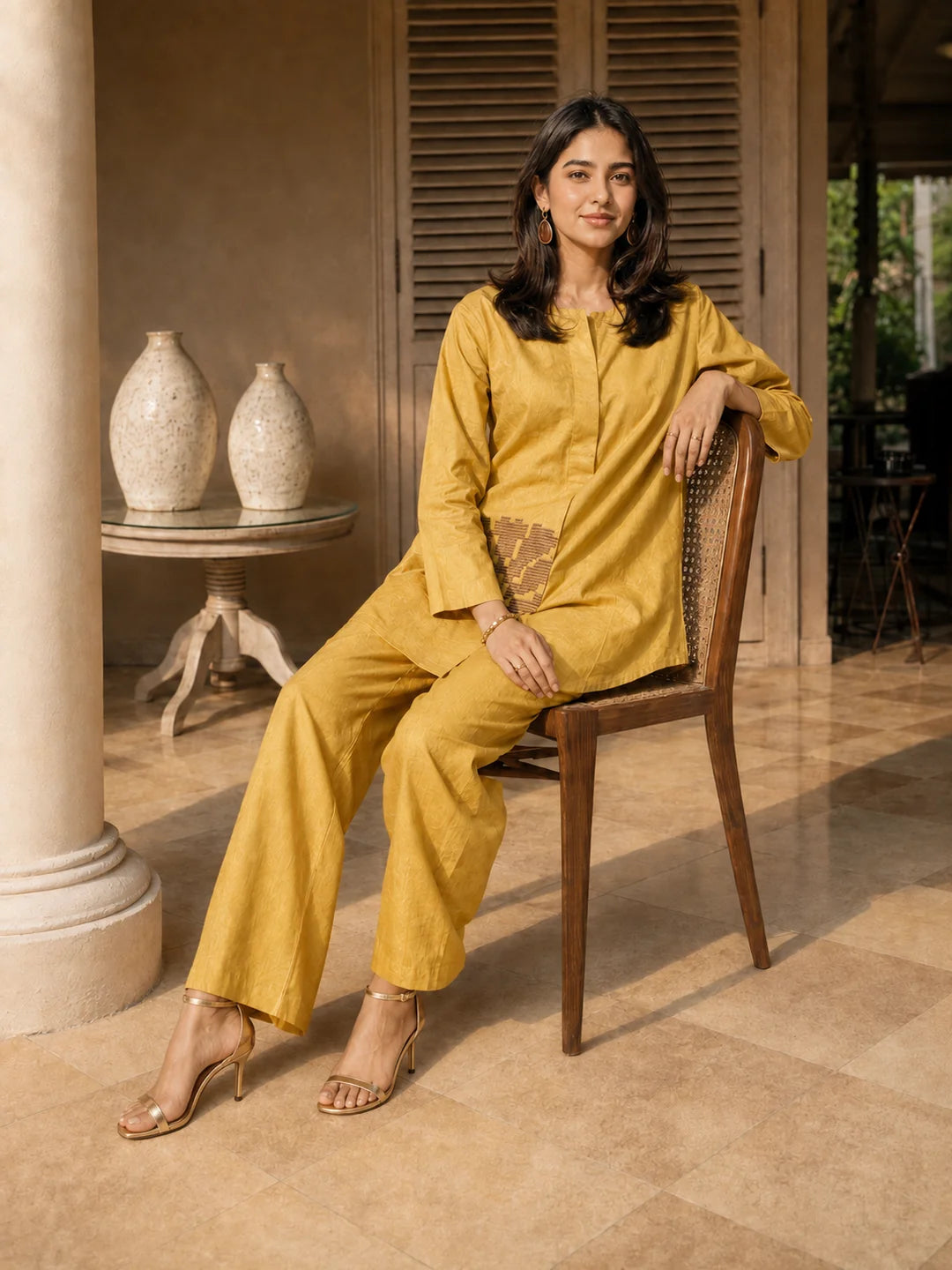 Yellow Co-ord Set with Geometric Embroidery in Cotton Flex
