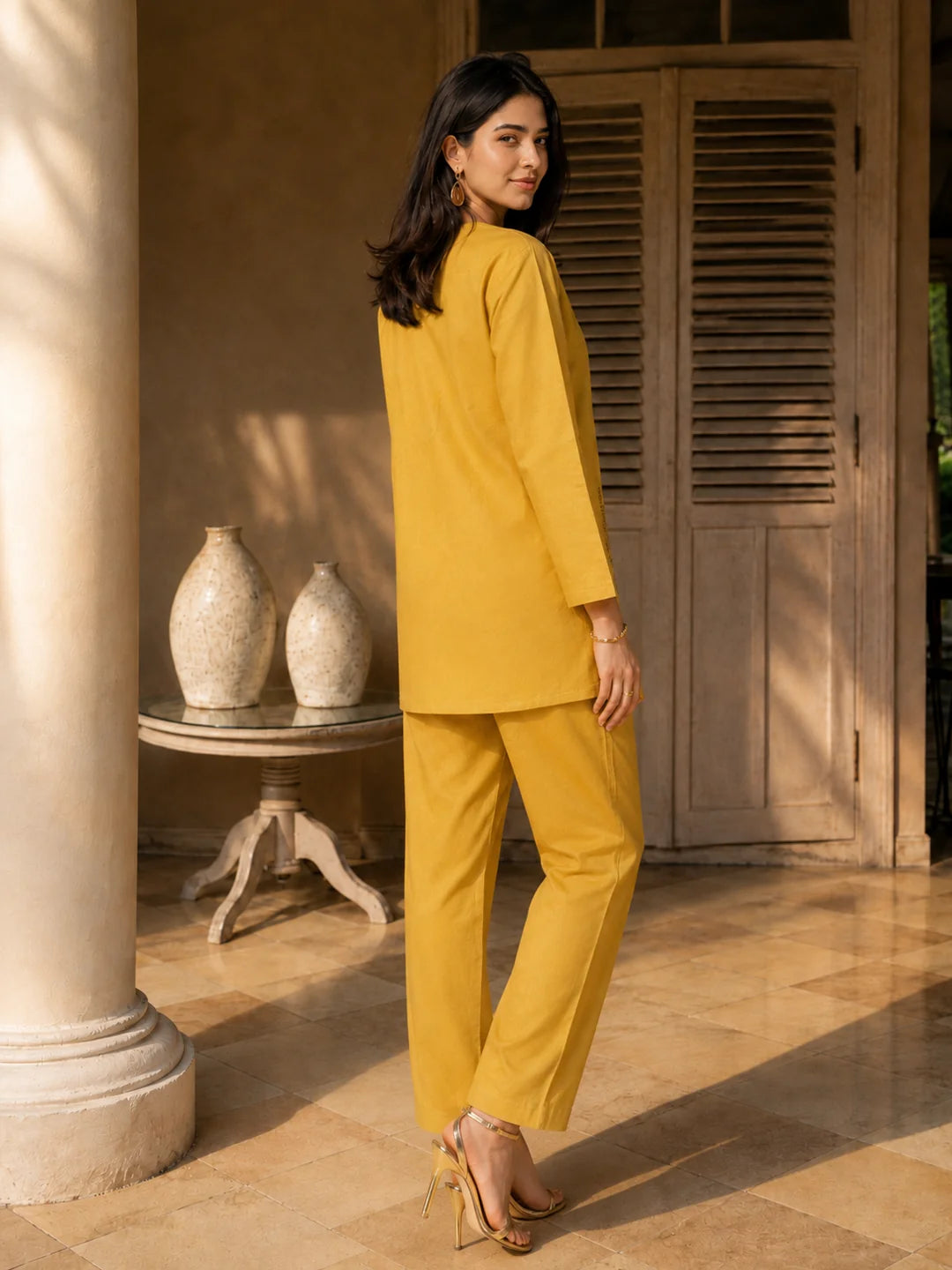 Yellow Co-ord Set with Geometric Embroidery in Cotton Flex