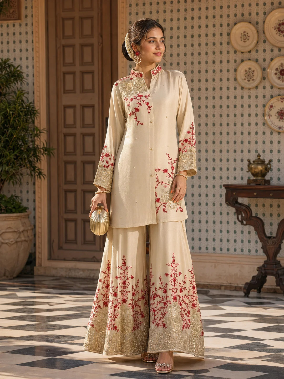 Beige Kurta Set with Red and Gold Floral Embroidery in Chinnon