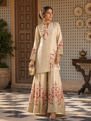 Beige Kurta Set with Red and Gold Floral Embroidery in Chinnon