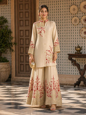 Beige Kurta Set with Red and Gold Floral Embroidery in Chinnon