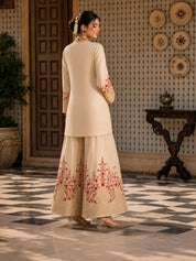 Beige Kurta Set with Red and Gold Floral Embroidery in Chinnon