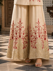 Beige Kurta Set with Red and Gold Floral Embroidery in Chinnon
