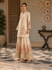 Beige Kurta Set with Red and Gold Floral Embroidery in Chinnon