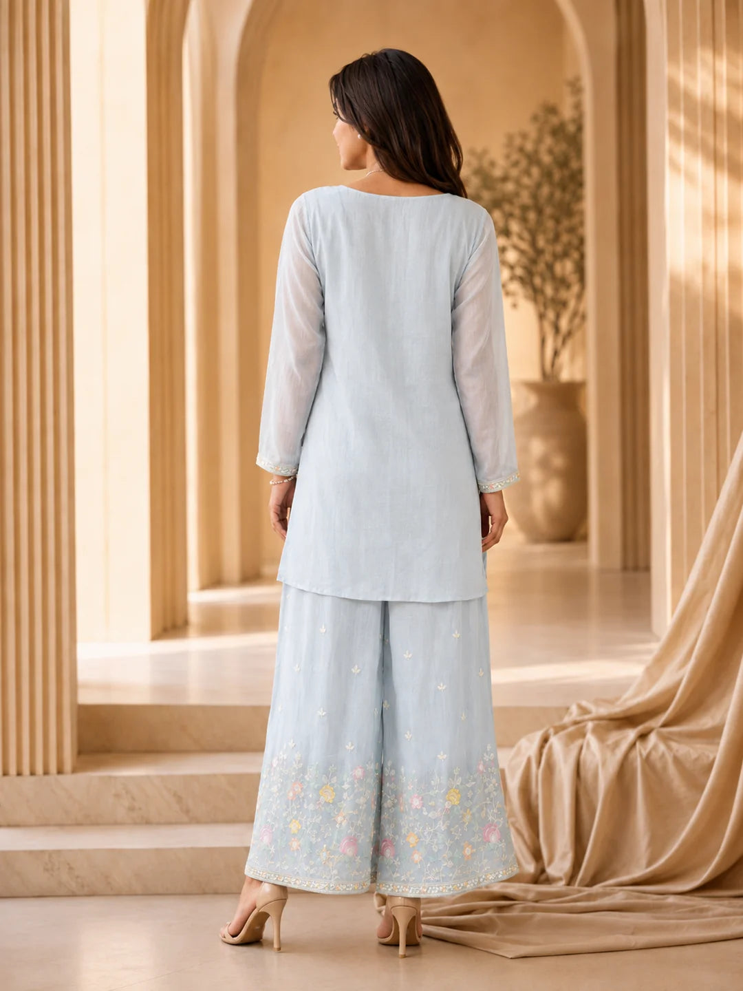 Powder Blue Co-ord Set with Botanical Motifs in Mul Chanderi
