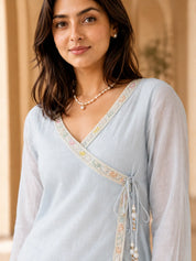 Powder Blue Co-ord Set with Botanical Motifs in Mul Chanderi