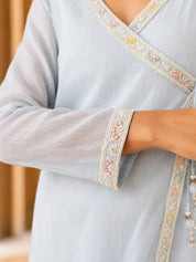 Powder Blue Co-ord Set with Botanical Motifs in Mul Chanderi