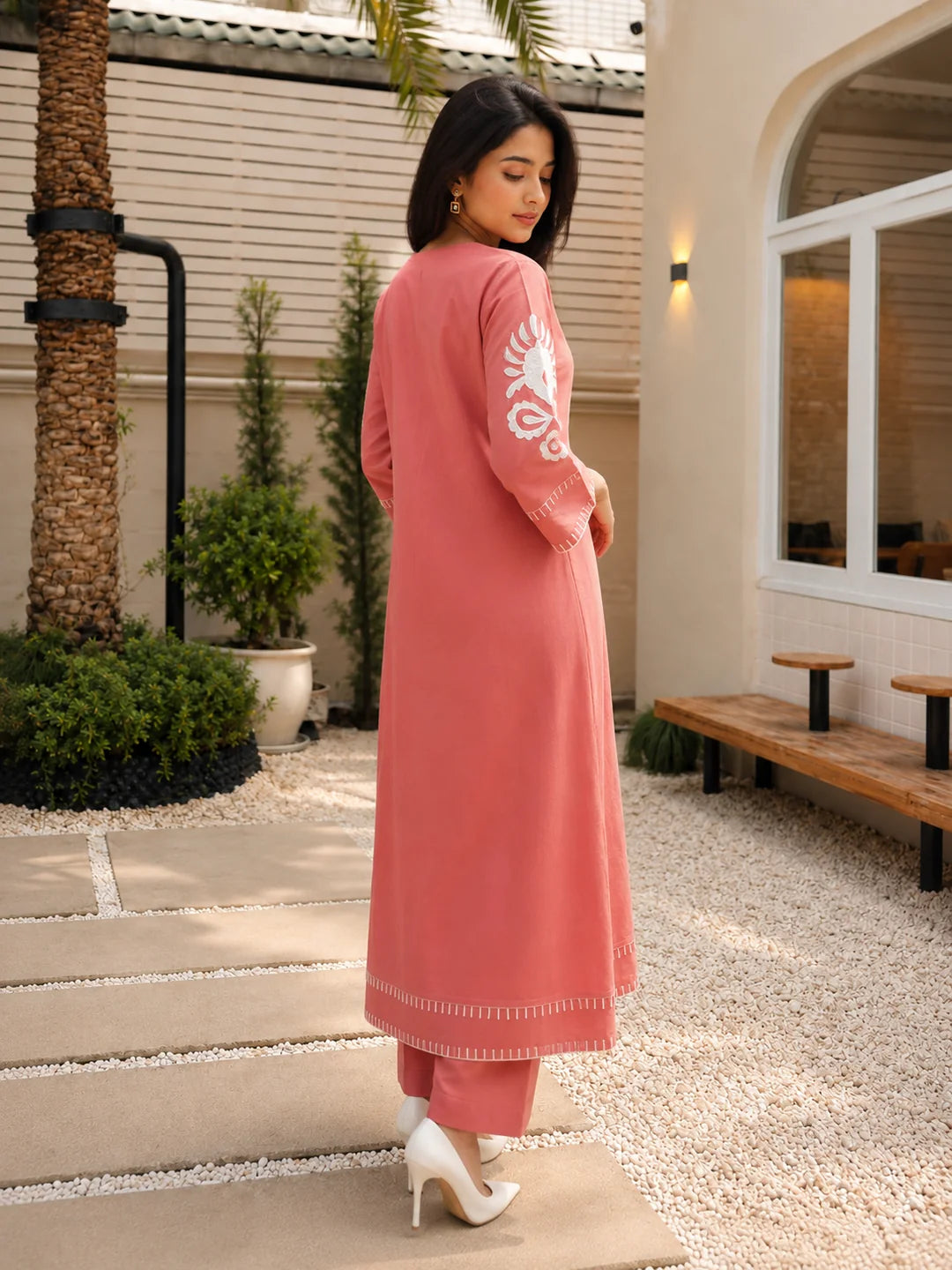 Dusty Rose 2-Piece Kurta Set with White Floral Embroidery in Cotton Flex