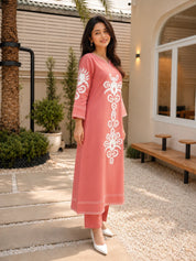 Dusty Rose 2-Piece Kurta Set with White Floral Embroidery in Cotton Flex