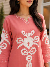 Dusty Rose 2-Piece Kurta Set with White Floral Embroidery in Cotton Flex
