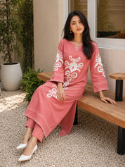 Dusty Rose 2-Piece Kurta Set with White Floral Embroidery in Cotton Flex