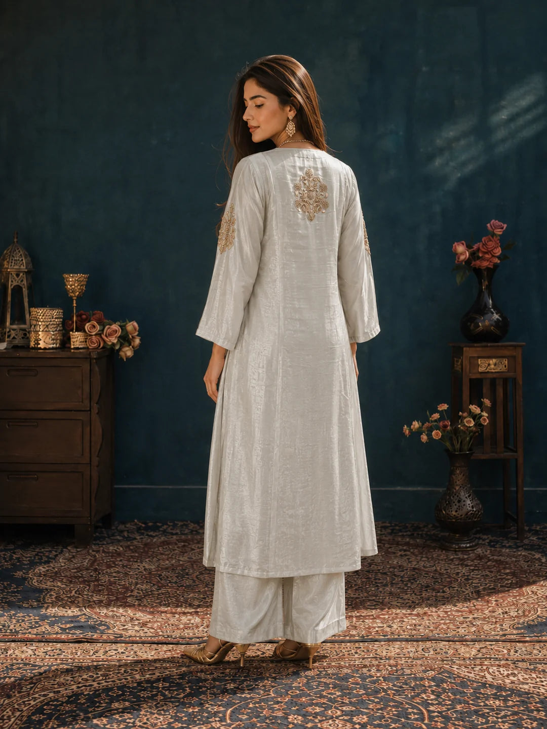 Ivory 3-Piece Kurta Set with Antique Gold Zari Embroidery in Tissue