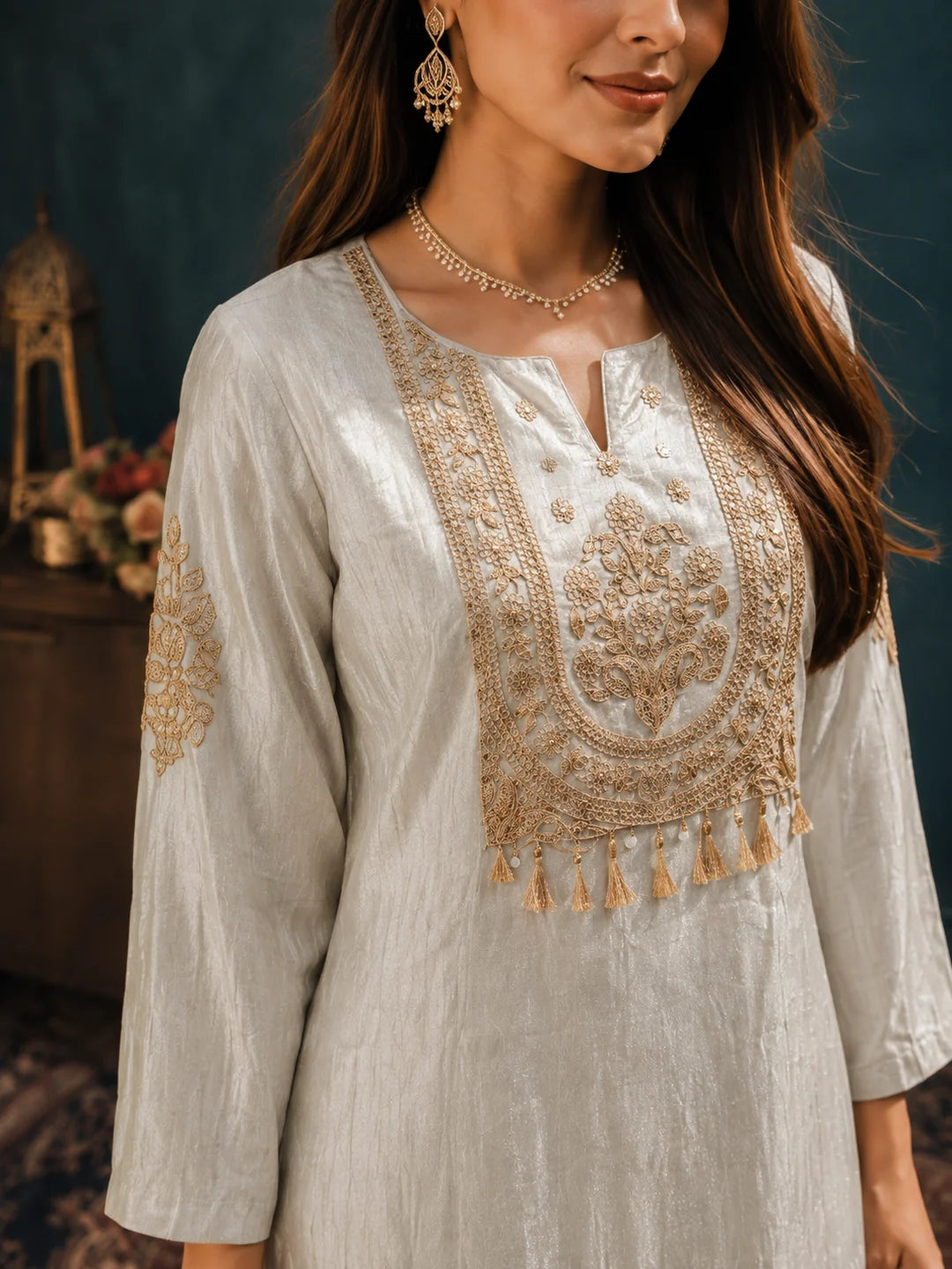 Ivory 3-Piece Kurta Set with Antique Gold Zari Embroidery in Tissue